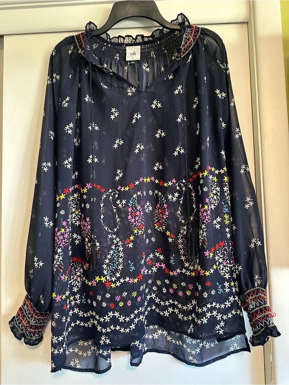 CAbi Navy Floral Embroidered Peasant Tunic